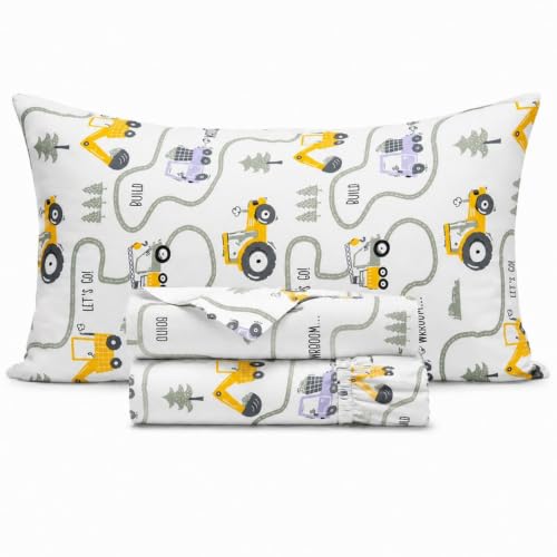Salt Earth 100% Cotton 210TC Kids Bedsheet Twin Sheets Set for Toddler Bed 3 Piece Bedding Set Including Flat Sheet Fitted Sheet and Pillowcase Themed Cute Sheets Playful Kids Bed (Tractor)