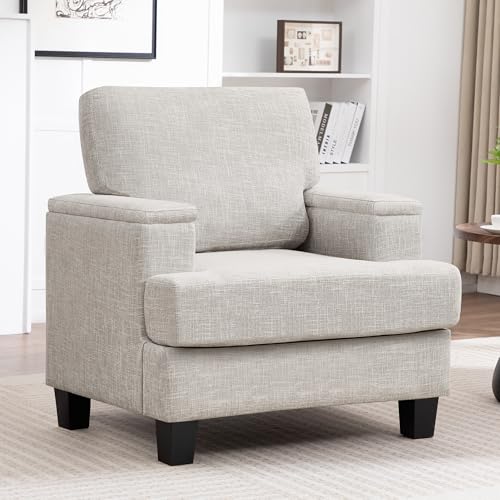 Image of Accent Chairs with Armrest Storage, Modern Fabric Reading Chairs, Upholstered Comfy Large Armchair for Bedroom Beige Accent Living Room Chairs Wide Arm