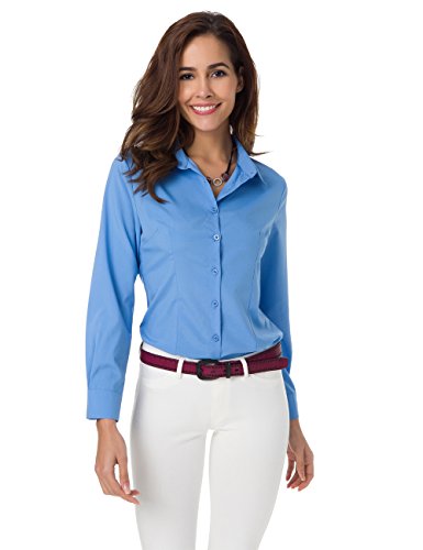 Atnlewhi Damen Bluse Hemd Basic Kent-Kragen Langarm Stretch Leisure Formelle Casual Business Arbeit Elegant Hemden - Blau - M Cover