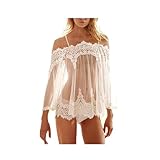 Sexy Eyelash Lace Babydoll for Womens Cold Shoulder Long Sleeve See Through Lingerie Spaghetti Strap Two Piece Teddy Ropa Interior Femenina White