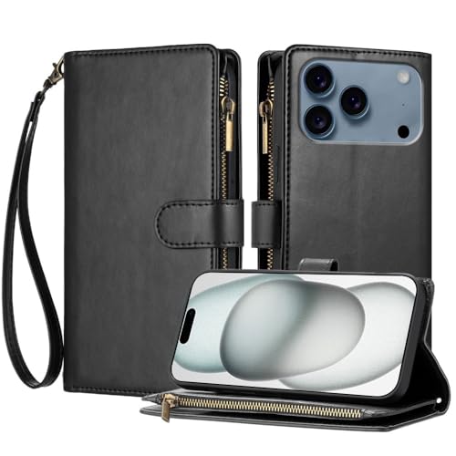 Housse iPhone 14 Plus portefeuille cuir noir élégant avec fentes de rangement zippées