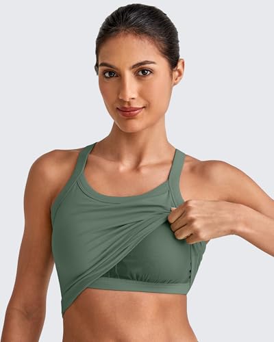 Image of G4Free Barefeel Cropped Workout Tops for Women Built in Bra Removable Padded Longline Sports Bras Racerback Yoga Tops