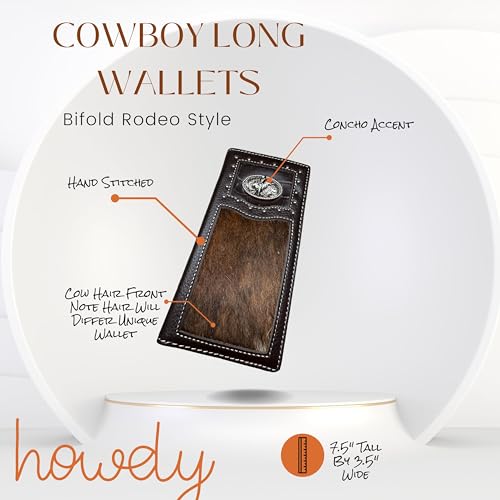 Men’s Long Leather Wallet – Hand Tooled Brown Rodeo Bifold with Hair-On Cowhide and Bull Rider Concho – Western Checkbook Wallet for Cowboys & Rodeo Fans4