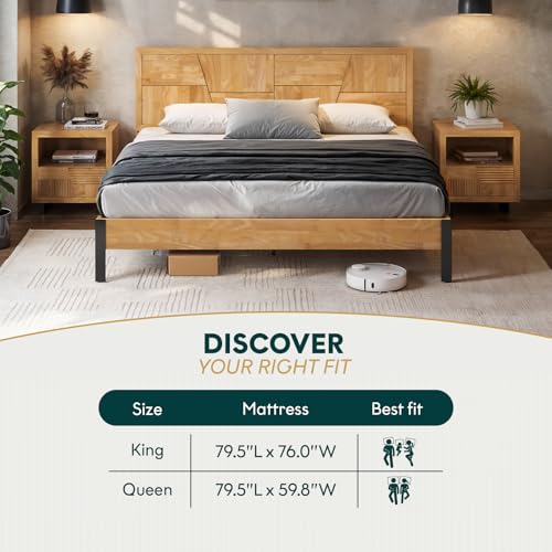 Image of Bme Trapeze King Bed Frame - Modern Solid Wood Bed with Smooth Pattern Headboard, Black Metal Legs, Light Natural Finish - Durable King Size Platform Bed for Contemporary Bedrooms