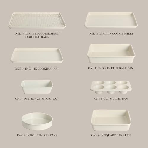 Martha Stewart Gallen 10 Piece Baking Pans Ceramic PFA Free Non Toxic Non Stick Bakeware Set - Linen White