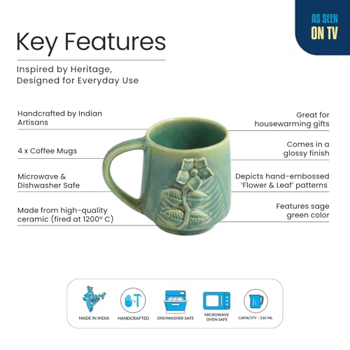 Image of ExclusiveLane 'Sage Serenity' Hand-Embossed Ceramic Coffee Mug Ceramic Mugs for Milk Chai Tea Cup (Set of 4, 330 ML, Microwave Safe)