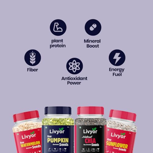 Image of Livyor 4 in 1 Seeds Combo for eating - 800g (200g each) | Pumpkin Seeds, Flax Seeds, Watermelon Seeds, Sunflower Seeds Combo | Weight management | Healthy and Nutritious | Pack of 4
