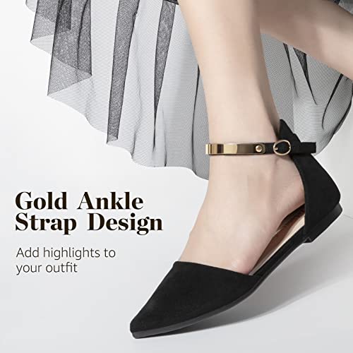 Zelaprox Women's Black Pointed Toe Flats Rhinestone Bow Ankle Strap Ballet Flats Comfortable Slip On Flats Light Weight Suede Dress Shoes2