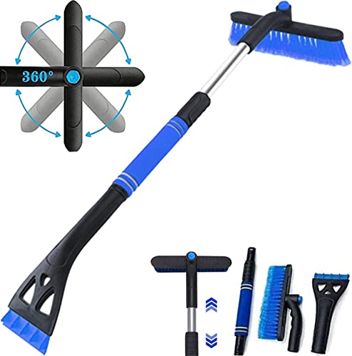 FFTANXS 3 en 1 Brosse à Neige, Grattoir Voiture, Brosse Voiture, Gratte Givre, poignée en Mousse pour racloir à Glace, Balais à Neige pour Auto Extensible (Bleu) Cover