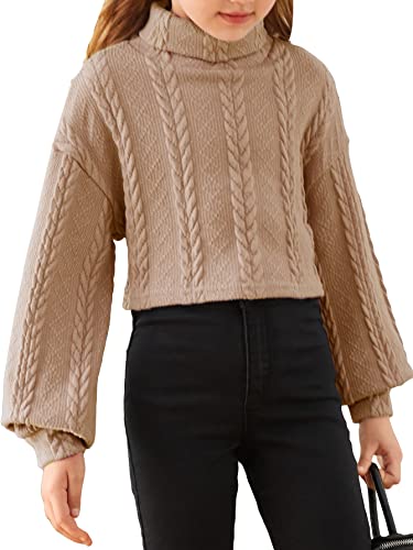 Shenhe Girl's Turtleneck Cable Knit Lantern Long Sleeve Tee T Shirt Crop Tops Camel 10Y #TOP7