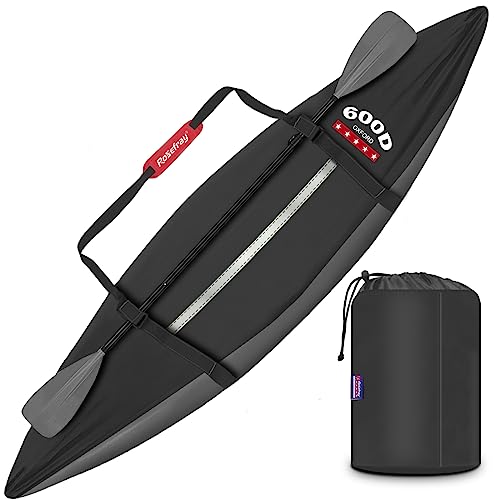 Rosefray 600D Waterproof Kayak Cover ,Comfortable Shoulder Strap, Heavy Duty Marine Canoe Cover with Paddle Holder, UV Resistant, Dustproof Fishing Boat Cover for Outdoor Storage-Gray?S (9.3-10.5ft)