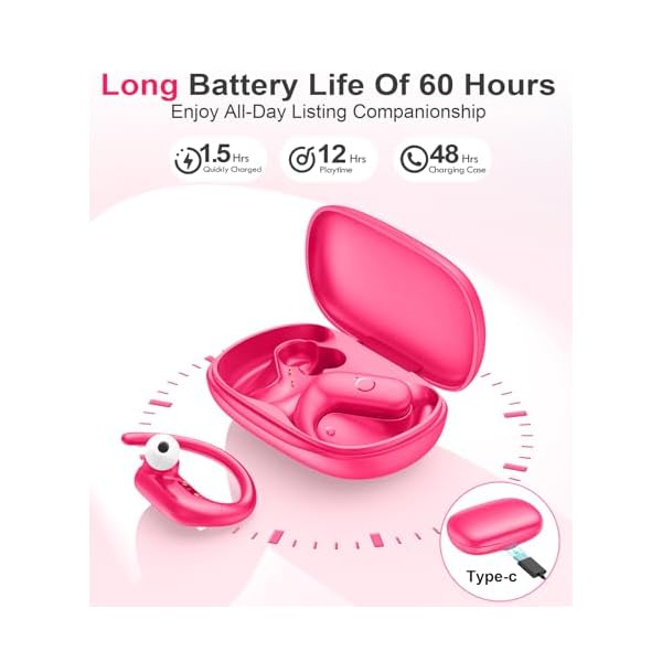 MOZOTER Wireless Earbuds Bluetooth 5.3 Headphones Sport,Over Ear Buds with Deep Bass Sound,60Hrs Playtime Earphones Redesigned Comfort Fit with Earhooks for Running,Meeting,Workout-Pink - Image 5