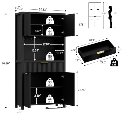 Image of Lulive 71 inch Fluted Pantry Cabinet with Charging Station, Black | Adjustable Shelves, Open Countertop, Drawer, Spacious Kitchen Storage