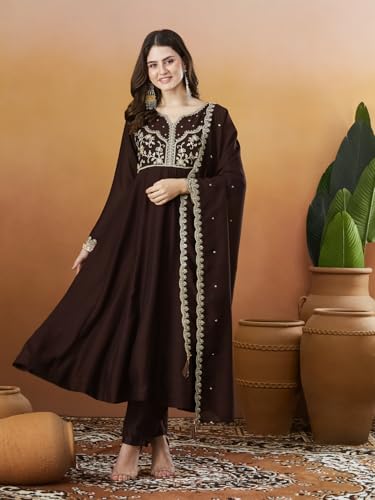 Image of MOKOSH Women's Silk Anarkali Kurta Pant with Dupatta | Anarkali Kurta Set | Embroidered | Ethnic Wear | Notch Neck Full Sleeve