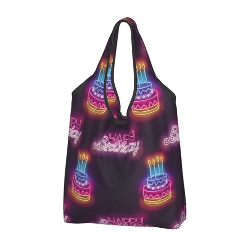 VOSERY Bolsa de la compra reutilizable con diseño de bombilla "Happy Birthday", bolsa de la compra plegable con asas, Negro , talla única