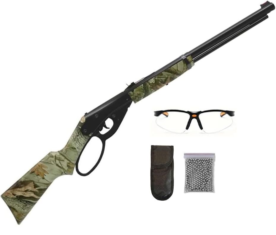 Pack Carabina de Aire Comprimido Daisy 1999 Lever Action. Escopeta de balines 1999 Camuflaje. Incluye: Gafas de protección, Funda, y balines