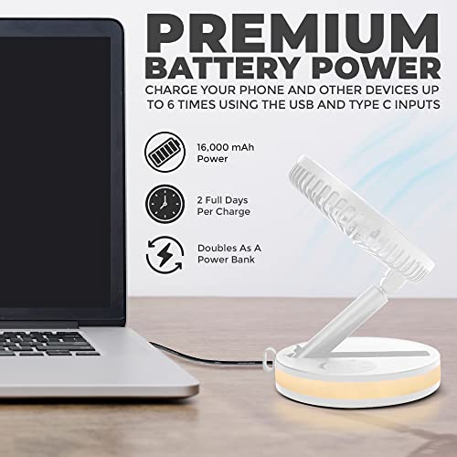 Venty Original Portable Fan - Wireless Battery Operated Fan With 4 Speeds, Remote Control, Oscillation, & Led Lighting, Travel Rechargeable Fan & Power Bank Usb-C Ports, Camping Fan (White With Case) #TOP3