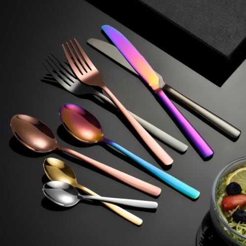 Image of Clovis Stainless Steel Flatware Set 12 Pieces, Titanium Plated Mirror Finish, Cutlery Set for 3 with Knife Fork Spoon and Teaspoon, Rainbow
