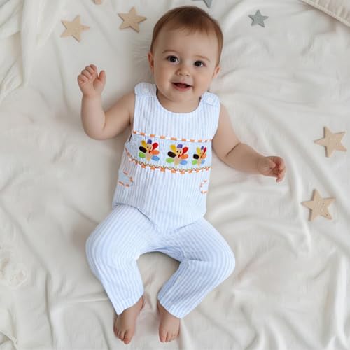 My First Thanksgiving Baby Boy Outfit Sleeveless Jumpsuit Striped Overalls Turkey Smocked Romper Newborn Clothes3