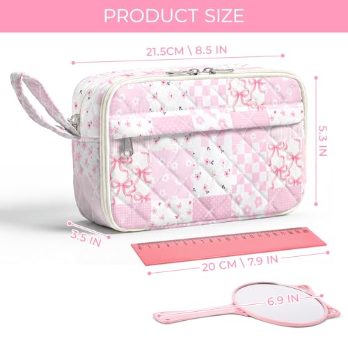WOBAGMEN Quilted Pencil Pouch for Girls Women, Large Pencil Case Pouch with Compartments Cute Aesthetic Pencil Case Organizer, Floral Pencil Bag for School Supplies (Pink Checked Patchwork) by WOBAGMEN - Used condition - Image 2