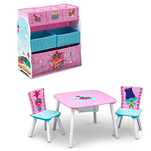 Delta Children Kids Table and Chair Set with Storage (2 Chairs Included) Plus Design & Store 6 Bin Toy Storage Organizer - Ideal for Arts & Crafts, Homeschooling, Homework & More, Trolls World Tour