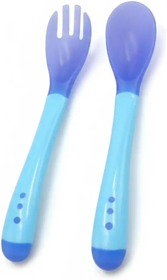 Jogo Colher e Garfo Infantil Termossensível para Bebê - Talheres Infantis de Silicone que Muda de Cor com a Temperatura, Kit Introdução Alimentar Segura - Shop100 (Azul)
