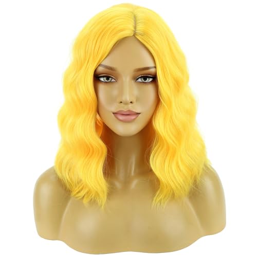Image of BERON Yellow Short Side Part Curly Wavy Wig for Women Girls Shoulder Length Wavy Heart Resistant Synthetic Wigs Cosplay Costume Daily Party Wig