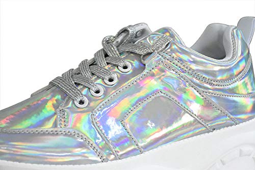 Lucky Step Women Chunky Platform Dad Colorblock White Neon Green Fuchsia Hologram Silver Casual Lace-Up Walking Sneakers (10 B(M) Us, Hologram Silver) #TOP3
