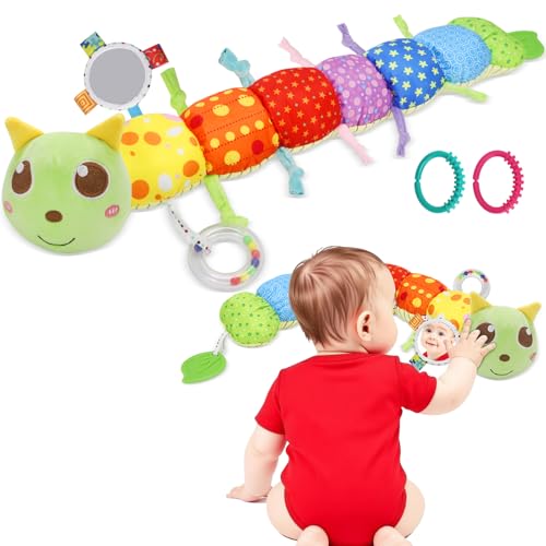Baby Sensory Toy 0-12 Month with Mirror Crinkle Rattle, Infant Stuffed Plush Caterpillar Toy, Birthday Holiday Present for Newborn Boy Girl 0/3/4/6/7/8/9/12/18 Months Kids Toddler (Green Caterpillar)