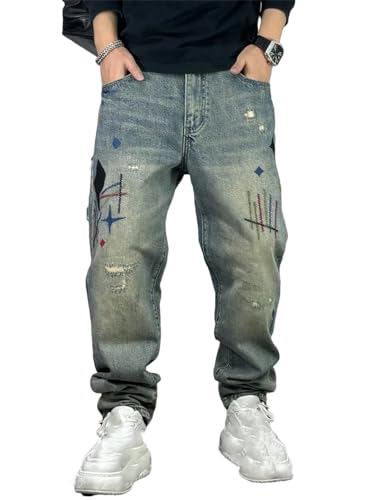 Men’S Fashion Streetwear Skinny Fit Ragged Patch Embroidery Ripped Distressed Denim Pants Button Fly Print Trousers - Main Image