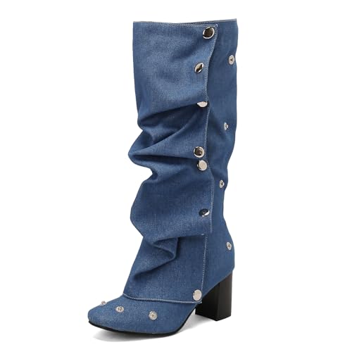 BEAUPAS Women's Button Knee High Boots Denim Riding Boots Slouchy Boots Chunky Heels Fold Over Block Heeled Tall Boots Round Toe Shoes