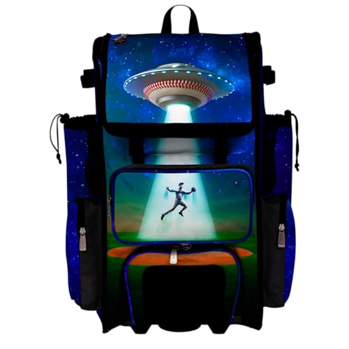 Boombah Rolling Superpack Baseball/Softball Gear Bag - Telescopic Handle - Holds 4 Bats - Wheeled Version - Baseball Beamed Up Black/Cobalt/Kelly Green