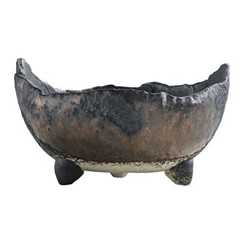 Wazakura Banko Series Japanese Handmade Rustic Crescent Shape Bonsai Pot 4.72 In (120 Mm), Made In Japan Ceramic Garden Planter, Unglazed Houseplant Bowl - Black And Brown #TOP1