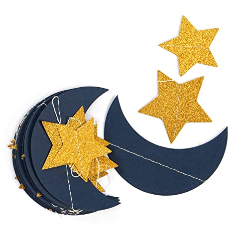 Image of Navy-Blue Gold Moon-Star Party-Decorations Garland - 52Ft Twinkle Little Star Hanging Decoration Streamers Banner, Eid Ramadan Mubarak Decoration Birthday Wedding Baby Shower Party Decor Panduola