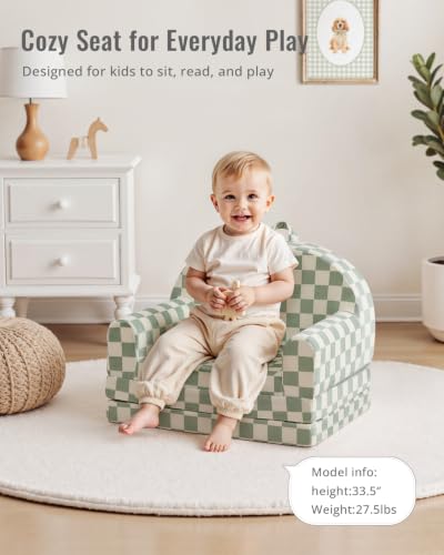Image of Blissful Diary Kids Couch, 2-in-1 Comfy Kids Chair for Reading, Playroom, Kids Couch Sofa for Girls Boys Birthday Gift, Sage Checkered