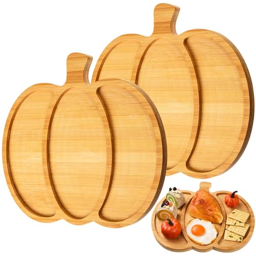 AWIZOM 2 Pcs Thanksgiving Bamboo Serving Platters with Grooves Wooden Pumpkin Trays Wood Cheese Charcuterie Boards Wooden Snack Dish Plate for Halloween Fall Autumn Harvest Supplies,12.6x11.42x0.59