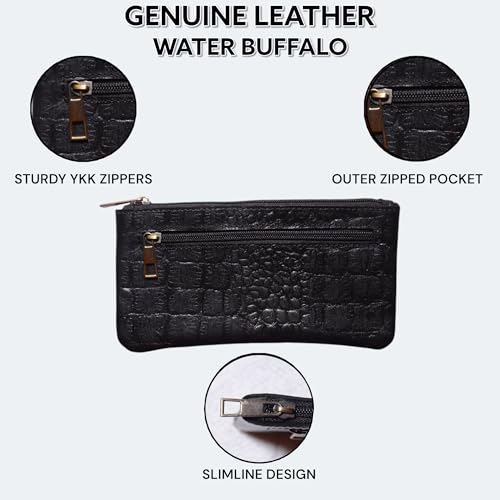Image of Vintage Leather Pencil Case Pouch, Pen Pouch for Work and University, for Men and Women Elegant & Practical Brown Leather Pencil Cases for Adults Perfect for Office (Croco Black)