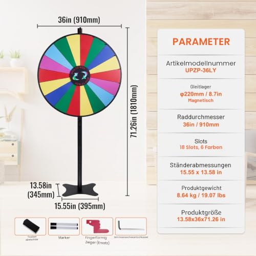 VEVOR 36 Zoll Glücksrad mit 18 Fächern, Rouletterad mit Trocken Abwischbarem Stift & 2 Markern, zum Aufstellen auf dem Tisch oder auf dem Boden, um Glücksspiele für Partys, Kneipen usw.