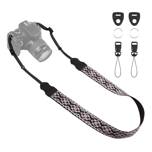 Image of Universal Camera Strap - Camera Neck Strap, Adjustable Shoulder Straps Compatible with Canon, Fujifilm, Nikon, Olympus, Panasonic and other SLR and mirrorless cameras - Purple and Black Geo