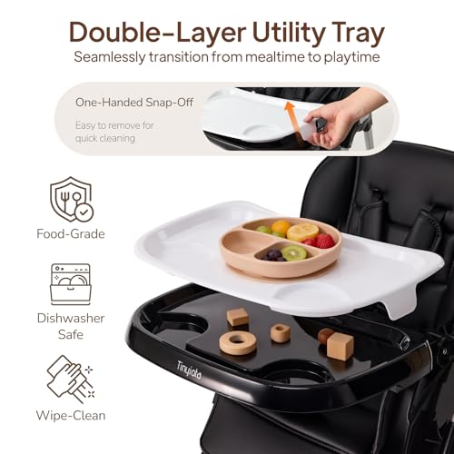Image of Tinyiota 4 in 1 High Chair for Babies and Toddlers with Wheels, 8-Height Adjustable & 3-Position Recline, Easy Clean, Dishwasher Removable Tray, Foldable HighChair for Infant, Meets ASTM Safety, Black