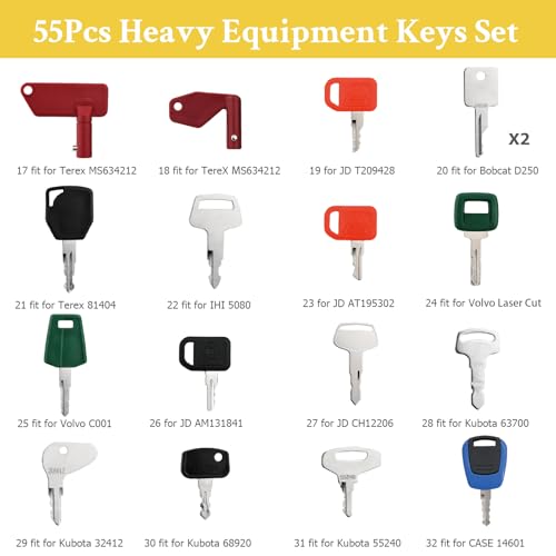 55 Heavy Equipment Keys Master Set, Construction Machine Ignition Key for Cat Caterpillar John Deere Komatsu Volvo Bobcat Kubota JCB Case New Holland Hitachi Hyster Yanmar Takeuchi