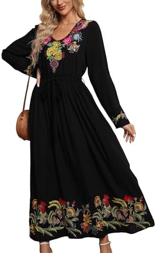 Grosy Women Long Sleeve Embroidered Mexican Dress for Fall Spring Peasant Traditional Floral Boho Smocked Maxi Dresses Black