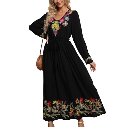 Grosy Women Long Sleeve Embroidered Mexican Dress for Fall Spring Peasant Traditional Floral Boho Smocked Maxi Dresses
