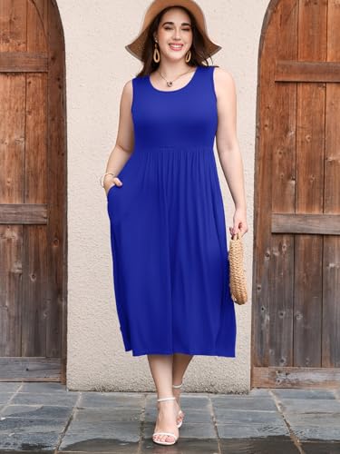 Image of LARACE Women's Plus Size Sleeveless Maxi Dress Casual Crew Neck Pleated Flowy Long Dresses with Pockets L-6XL