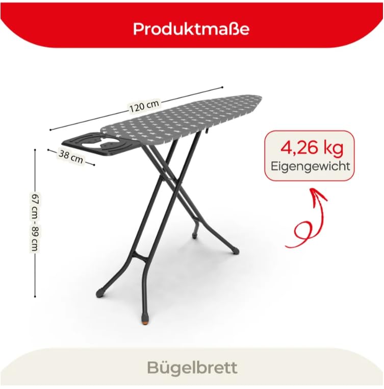 Bügelbrett Höhenverstellbar 120 x 38 cm – Stabiles Bügeltisch mit Bügeleisenablage & Dampfdurchlässiger Bügelfläche, Klappbar, rutschfest, für Dampfbügeleisen Geeignet