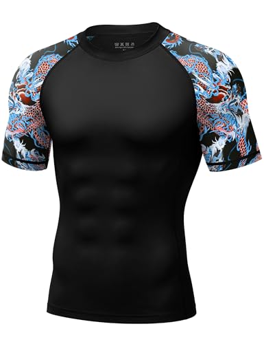 Roadbox Mens BJJ Rash Guard Short Sleeve UPF 50+ Jiu Jitsu Compression Base Layer Swim Shirts for MMA No Gi Surfing