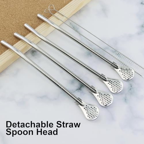 Miniatura 3 de 4 Piezas Cuchara De Filtro De Paja De Acero Inoxidable Extraíble, Cuchara De Paja De Metal Reutilizable Con 2 Cepillos De Limpieza Para Beber Té Suelto, Café Helado Plata