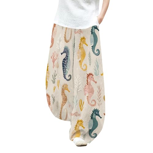 Womens Summer Baggy Marine Life Barrel Wide Leg Casual Loose Flowy Hippie Lantern Trousers with Elastic Waist
