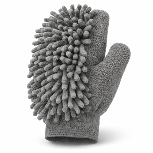 Luva de Limpeza Profissional em Microfibra Chenille Cinza 22x15cm com Dupla Face para Lavagem Automotiva e Doméstica com Alta Absorção