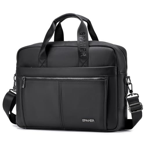 SPAHER Mens Leather Laptop Bag Briefcases for Men 15.6 Inch Leather Briefcase Business Work Laptop Handbag Shoulder Bag Messenger Bag with Removable Strap Black